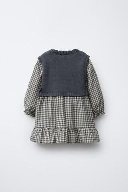ZARA ПЛАТЬЕ В КЛЕТКУ С КОМБИНИРОВАННЫМ ТРИКОТАЖНЫМ ЖИЛЕТОМ, ВЫЦВЕТШИЙ СИНИЙ
