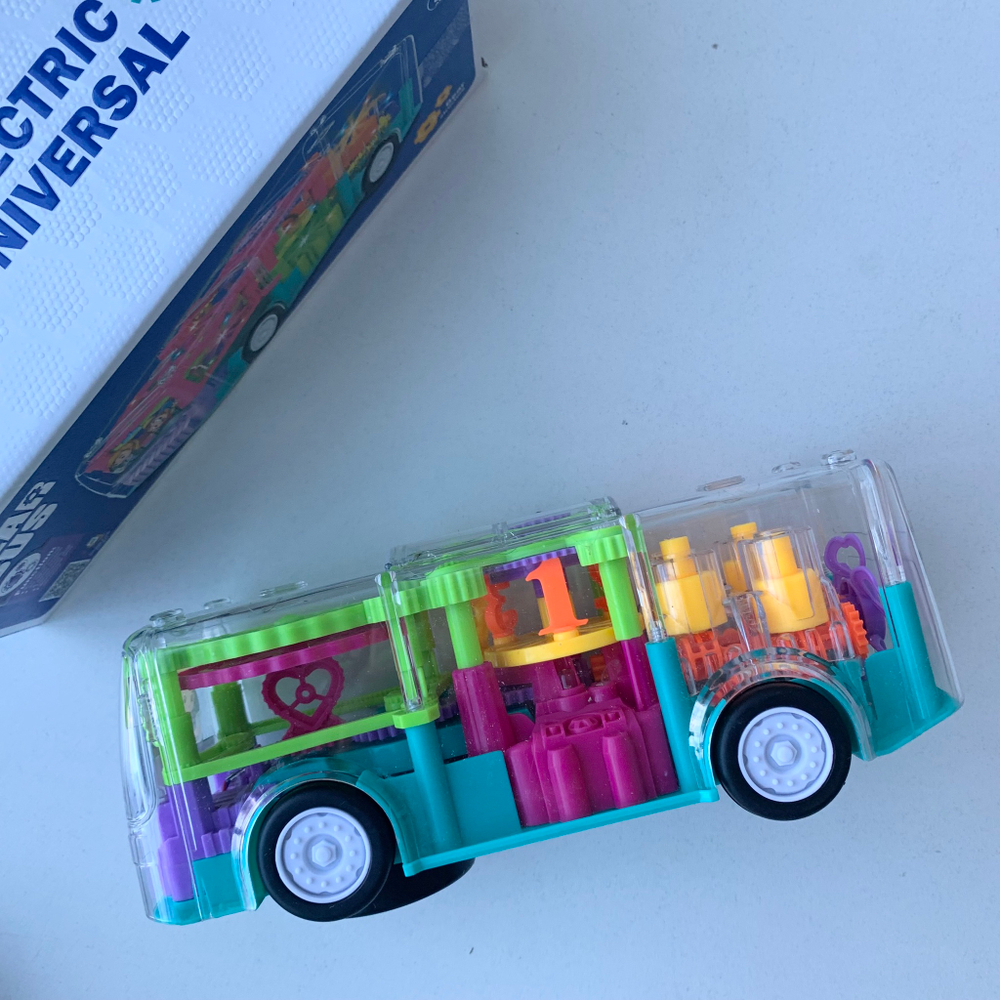 Автобус светящийся с шестеренками, крутится 360, автобус прозрачный детский со светозвуковыми эффек