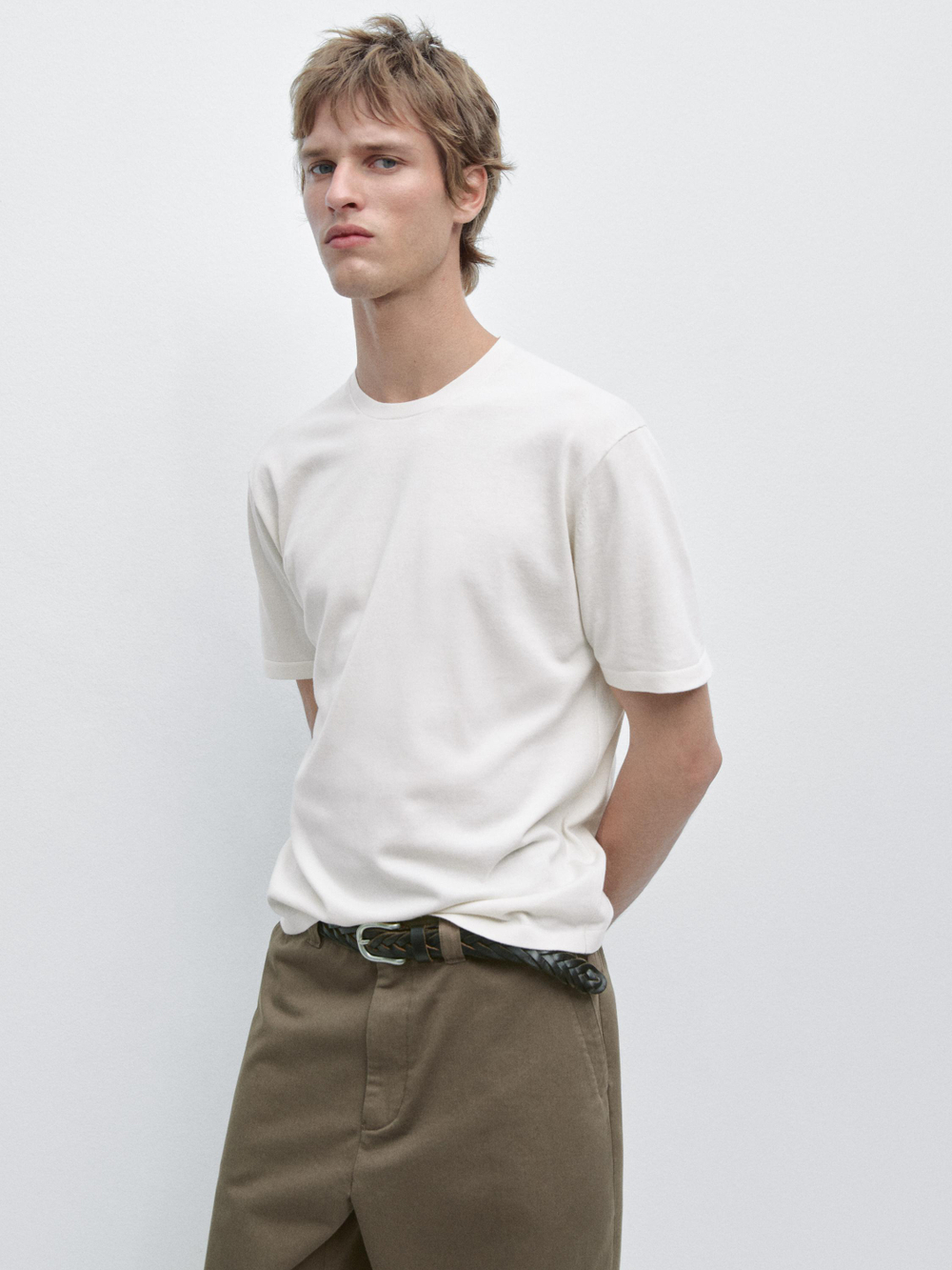 Massimo Dutti Хлопковая футболка с коротким рукавом, кремовый