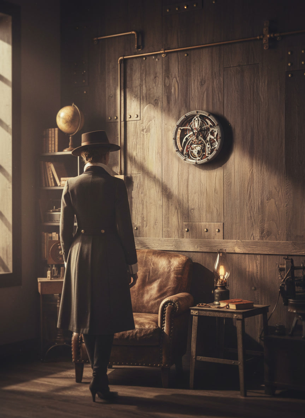 Настенные часы WOODandROOT Automaton 1277 Tourbillon с декоративным турбийоном в атмосферной винтажной студии с деревянными панелями.