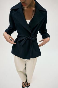 ZARA ТРЕНЧ ИЗ ЛЬНА С РЕМНЕМ, МОРСКОЙ СИНИЙ