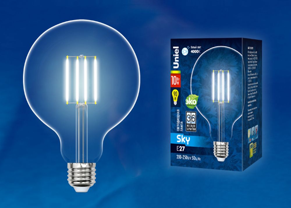 LED-G125-10W/WW/E27/CL PLS02WH Лампа светодиодная. Форма шар, прозрачная колба. Цвет свечения теплый белый. Серия Sky. Упаковка картон. ТМ Uniel