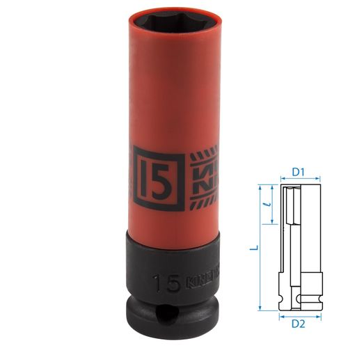 KING TONY (494515M) Головка торцевая ударная глубокая 1/2", 15 мм, тонкостенная, пластиковая защита