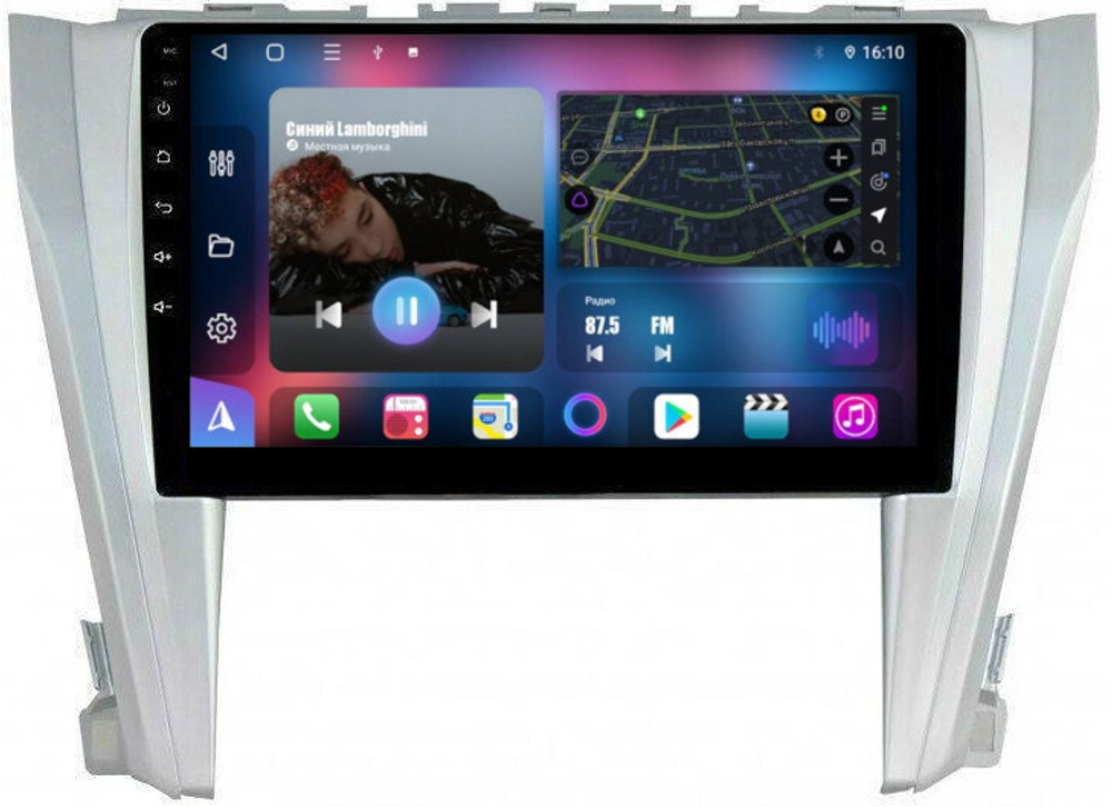 Магнитола для Toyota Camry 2014-2018 (рамка серебро) - FarCar 466M монитор 10" QLED на Android 13, 8 ядер (TS18), CarPlay, 4G SIM-слот