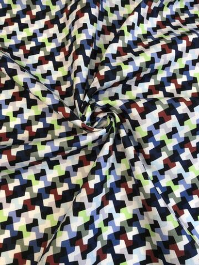 Коттон рубашечный, принт абстракция белый/синий/салатовый, хлопок