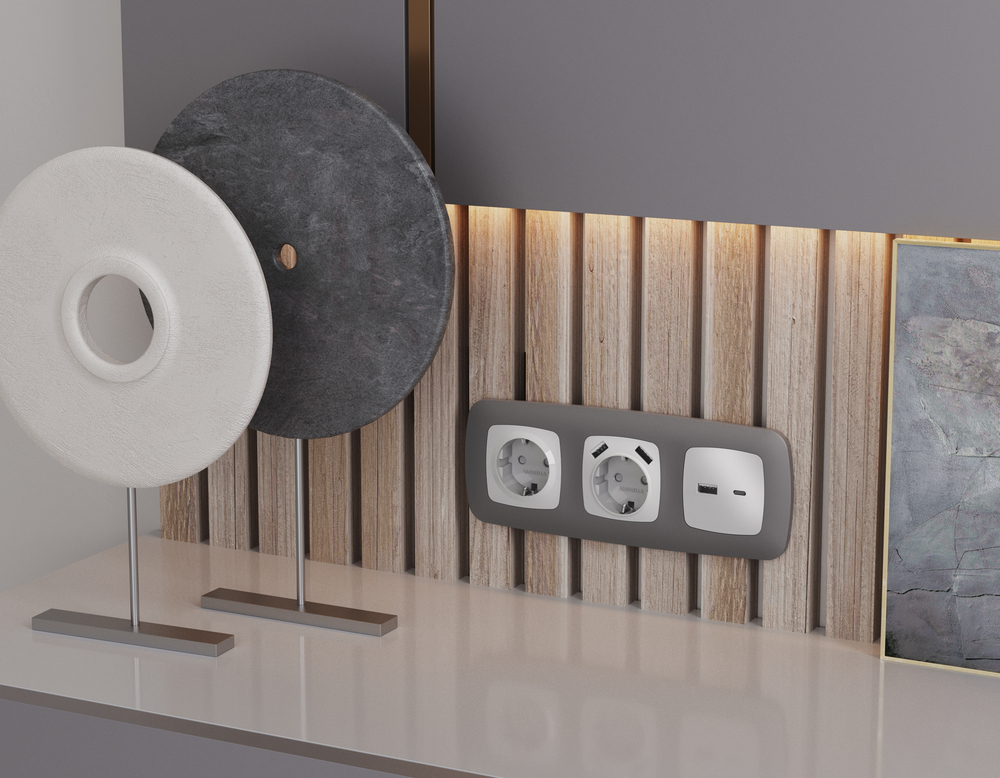 MO411010 Комплект механизма розетки OMEGA Серебро глянец 2USB A+C 20W (быстрая зарядка) QUANT (OP4110, VM177)