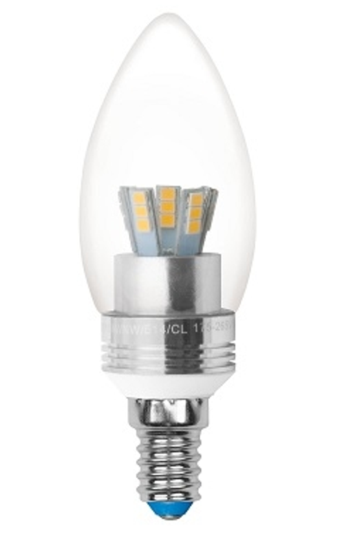 LED-C37P-5W/WW/E14/CL ALC02SL PROMO Лампа светодиодная. Форма «свеча», прозрачная колба. Серия Crystal. Материал корпуса алюминий. Теплый белый свет.