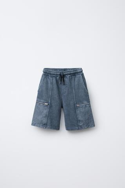 ZARA ШОРТЫ-БЕРМУДЫ С ЭФФЕКТОМ ПОТЕРТОСТИ И КАРМАНАМИ НА МОЛНИИ, ЛИНЯЛЫЙ СИНИЙ