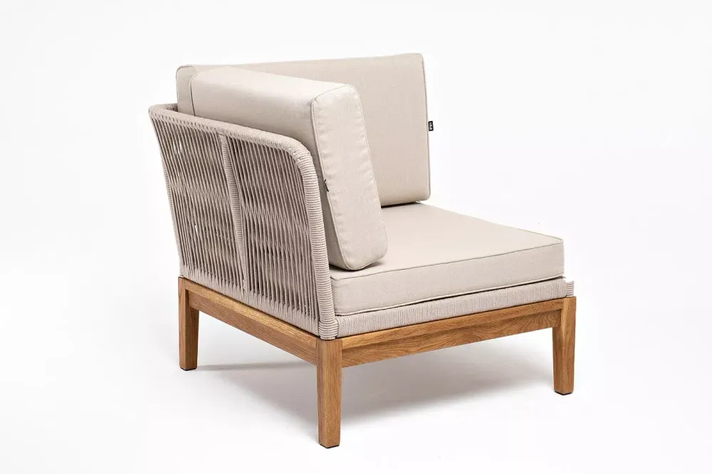 "Канны" угловой модуль плетеный из роупа, основание дуб, роуп бежевый круглый, ткань бежевая 052