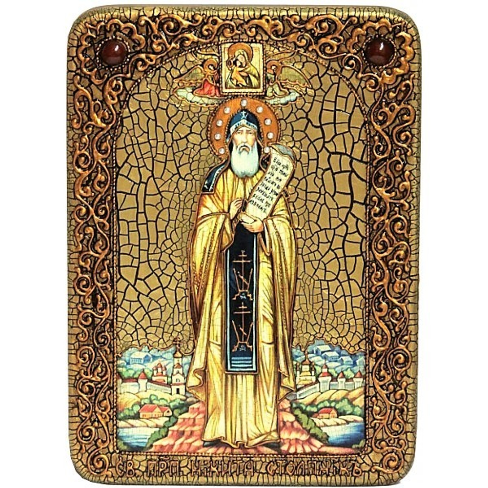Инкрустированная икона Преподобный Никита Столпник, Переславский чудотворец 29х21см на натуральном дереве, в подарочной коробке