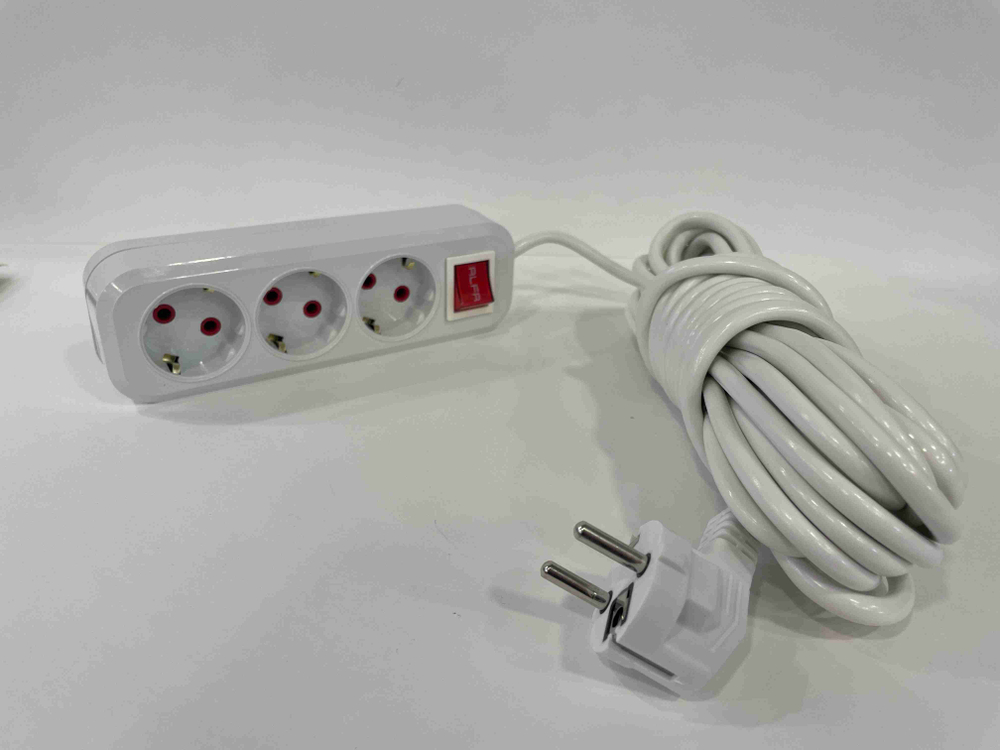 Удлинитель сетевой 3 розетки, 10 метров, 2200 Вт, белый (1 шт.)