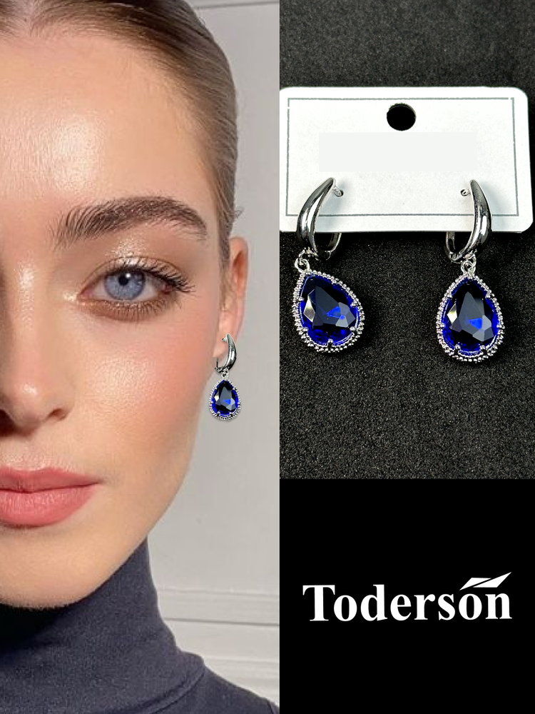 Серьги бижутерия Toderson  “Сапфировая корона”, под серебро с крупным, синим камнем (Резерв_60_)