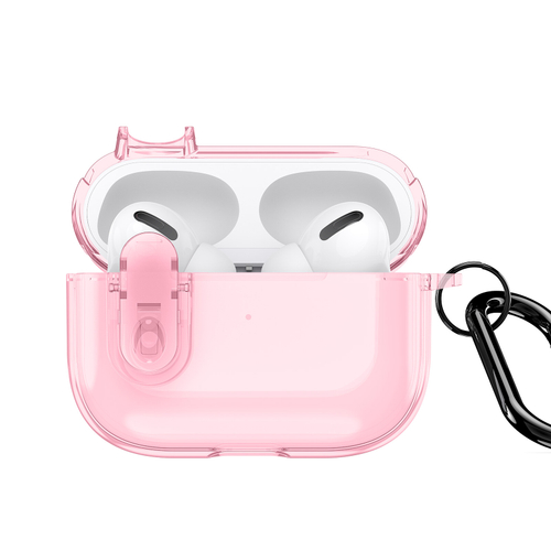 Прозрачный чехол розового цвета от Dux Ducis для наушников AirPods Pro 2, серия PECL Series Case, в комплекте с карабином
