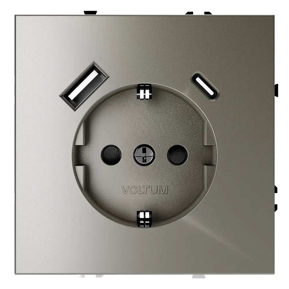 Розетка встраиваемая VOLTUM S70 с заземлением и защитными шторками, 16А, с USB, A+С, (шелк)