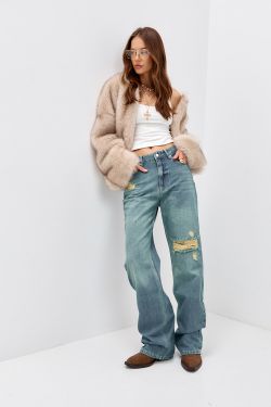 Джинсы wide leg с потертостями сине-зеленого цвета