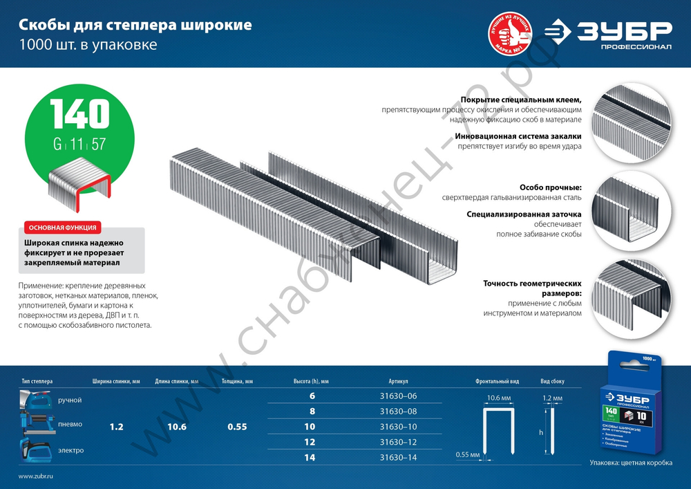 ЗУБР тип 140 (G/11/57) 12 мм, 1000 шт, калибр 20GA, скобы для степлера (31630-12)