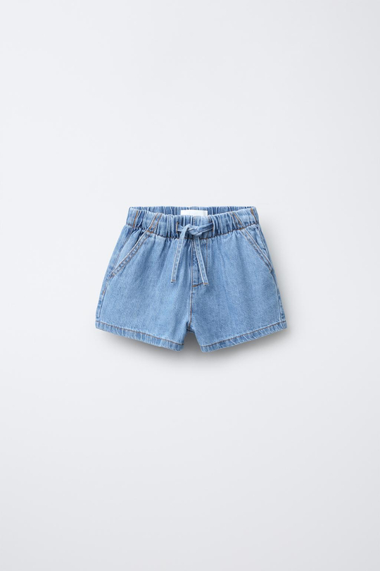 ZARA ДЖИНСОВЫЕ ШОРТЫ С ЭЛАСТИЧНЫМ ПОЯСОМ, СИНИЙ