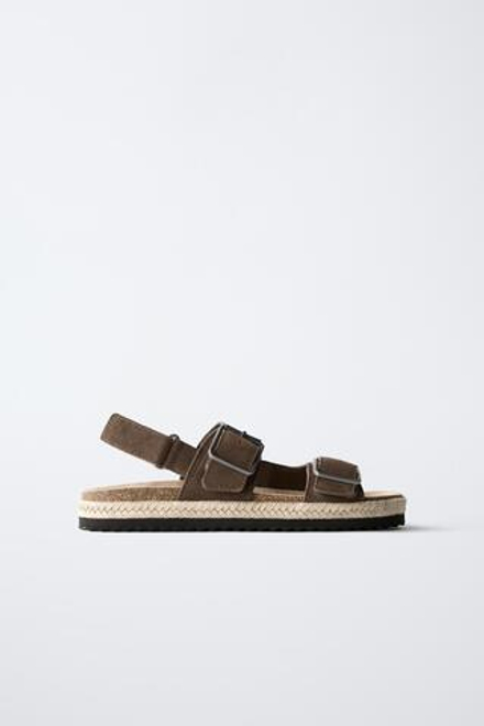 ZARA КОЖАНЫЕ САНДАЛИИ С ПРЯЖКАМИ И ДЖУТОВОЙ ПОДОШВОЙ, КОРИЧНЕВЫЙ