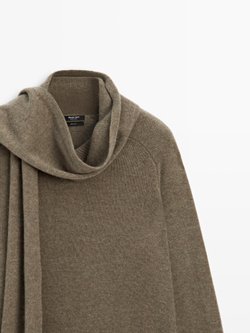 Massimo Dutti Свитер из 100% шерсти с шарфом и карманом, зеленый