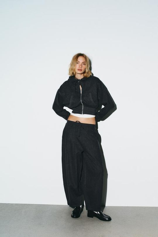 ZARA БРЮКИ BALLOON В РУБЧИК, ТЕМНО-СЕРЫЙ