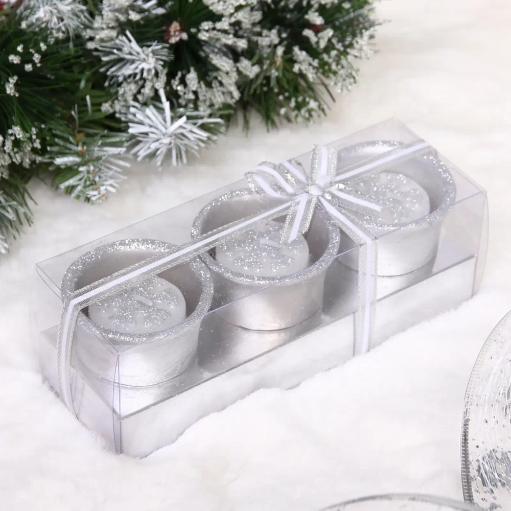 Свечи новогодние «Снежинки» 17*6*6см (набор 3шт), Серебро