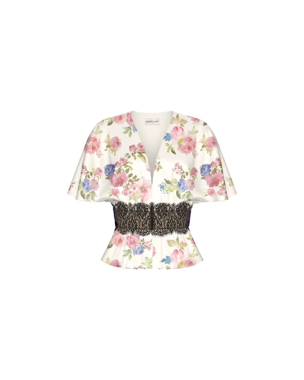 Ясмин (Yasmin), блуза из молочного атласа с цветочным принтом, с отделкой черным кружевом