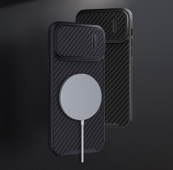 Чехол с поддержкой MagSafe от Nillkin для iPhone 14 Pro, серия Synthetic Fiber S Magnetic Case, полуавтоматическая конструкция сдвижной крышки