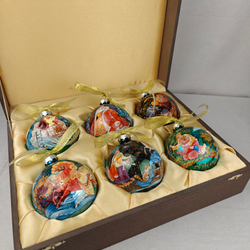 Сувенирный набор из 6-ти коллекционных ёлочных шаров " Сказки" с ручной росписью Палех