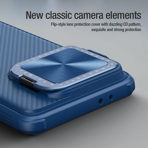 Чехол синего цвета от Nillkin с металлической откидной крышкой для камеры на Xiaomi Poco F6 Pro, серия CamShield Prop Case