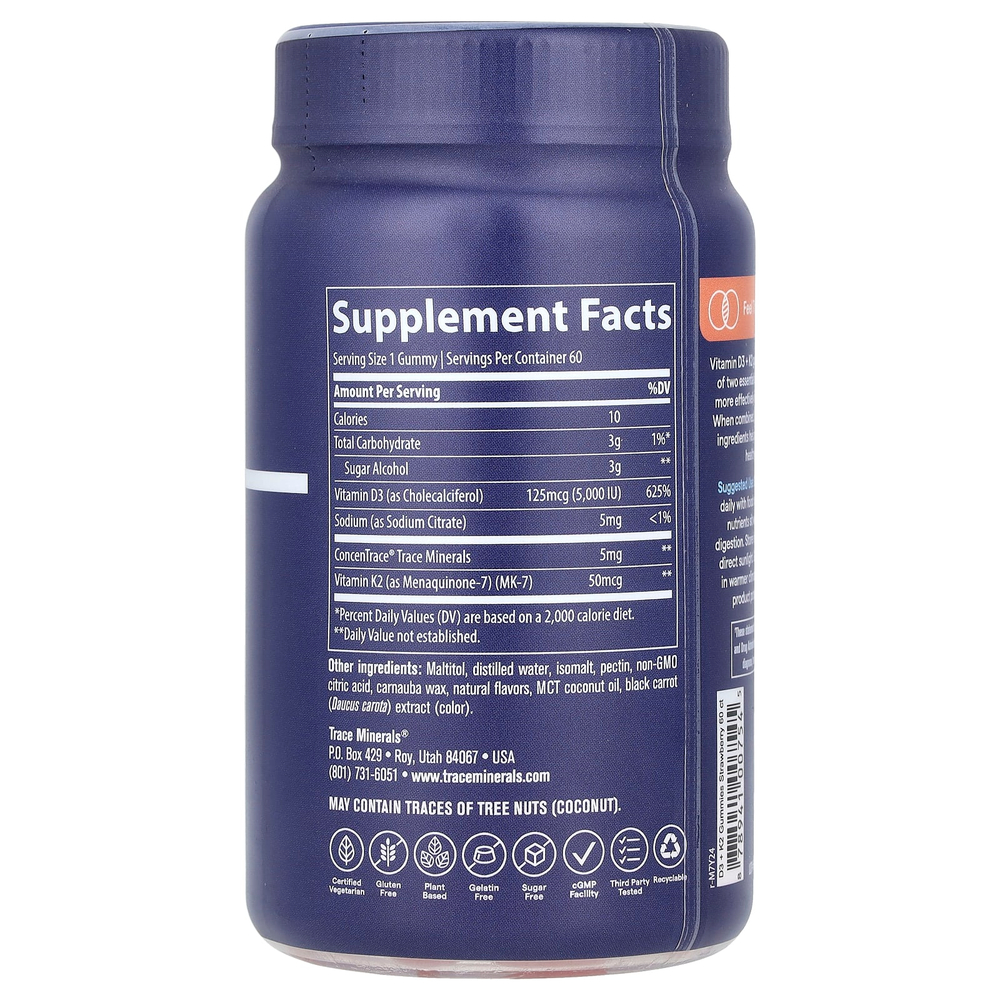 Trace, Жевательные мармеладки с витамином D3 и K2, с клубникой, 60 жевательных таблеток
