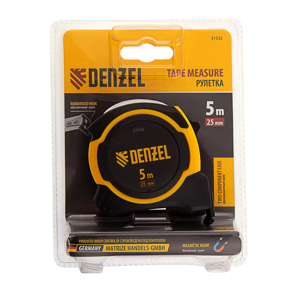 Рулетка 5м х 25мм, двухкомп. корпус, магнитный обрезиненный зацеп Denzel