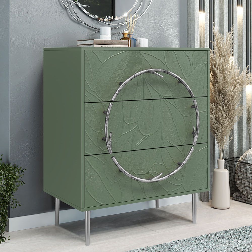 Комод Арт Колор leaves с 3-мя ящиками Стайл Сильвер Зеленый нефрит