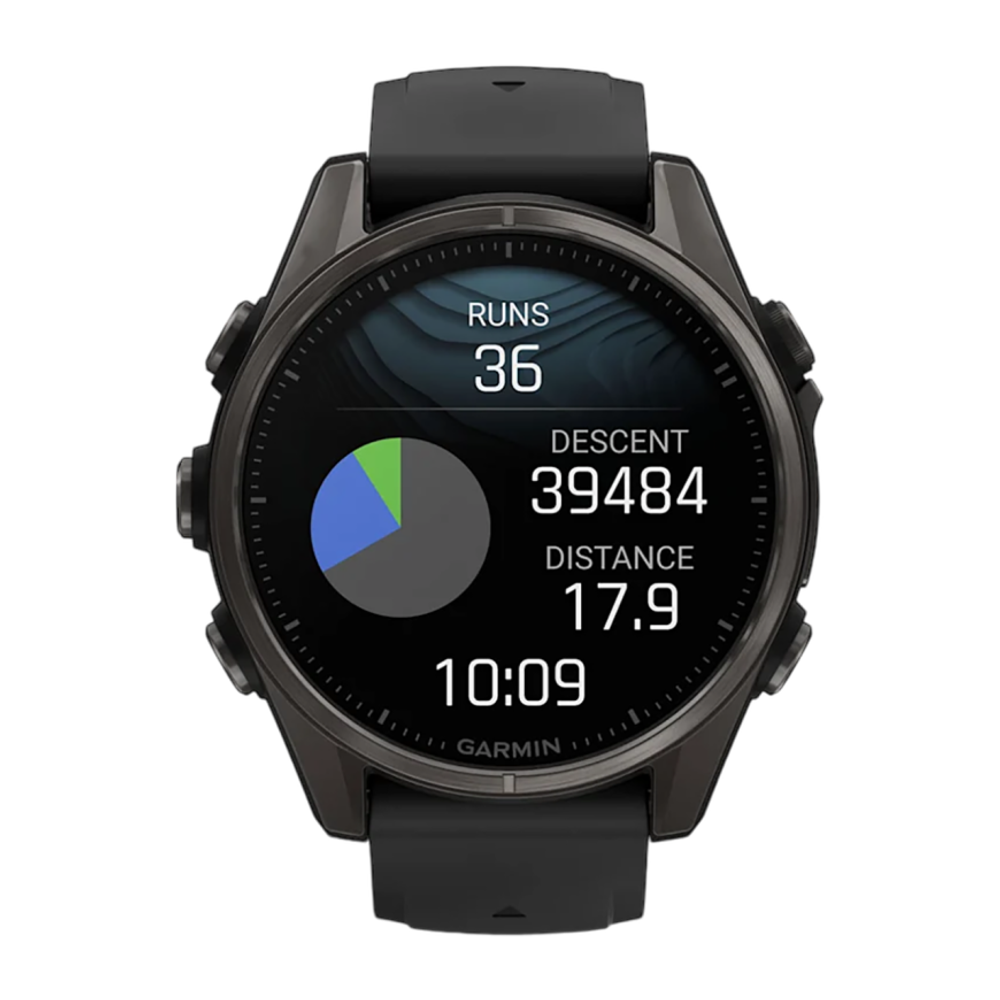 Спортивные часы Garmin fenix 8, 43 мм, AMOLED, титан с DLC, сапфир, силиконовый ремешок цвета чёрный/«серая галька» Тёмно-серый безель из титана с DLC-покрытием, AMOLED-дисплей. Ремешок с классической застёжкой — на запястье обхватом 108–182 мм