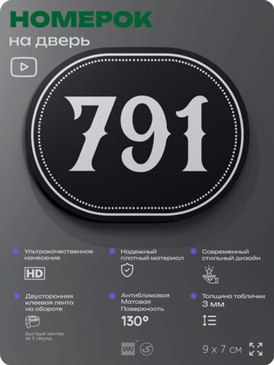 Номерок на дверь квартиры 791, для кабинета, офиса, шильдик 9 х 7 см, черный, Айдентика Технолоджи