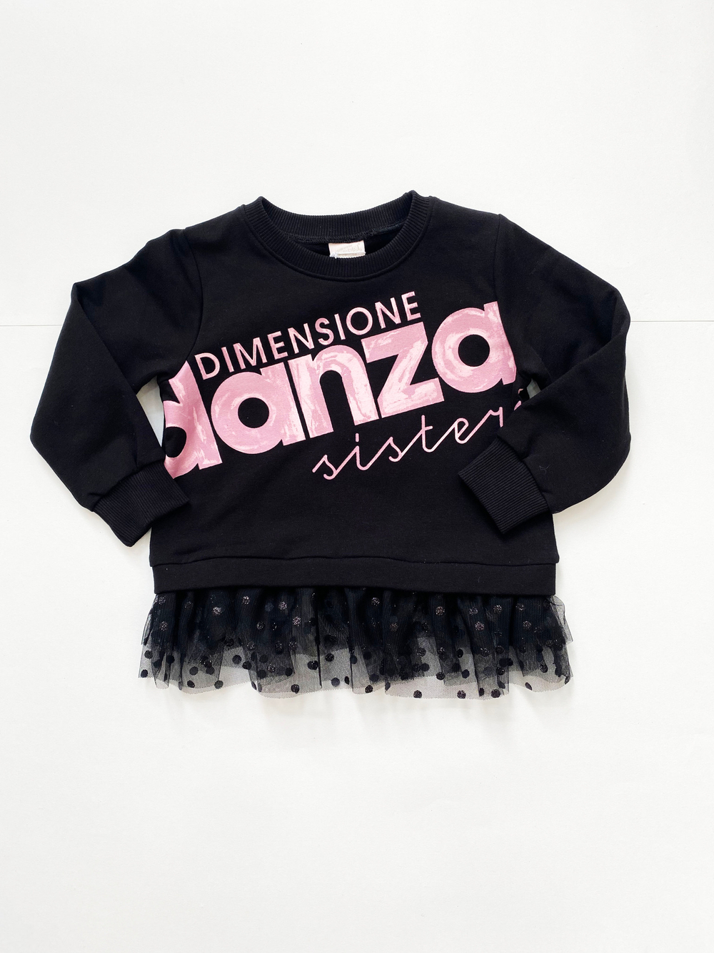 Свитшот DIMENSIONE DANZA Черный/Термопринт: Розовый логотип/Отделка: рюши из черной сетки в серебристый горох (Девочка)