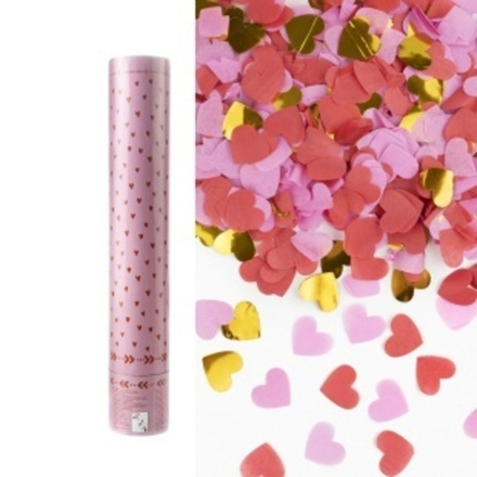 Пневмохлопушка (12/30 см), Сердца фольга и тишью, Красный/Розовый, Металлик