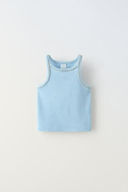 ZARA ТОП В РУБЧИК СО СТРАЗАМИ, ГОЛУБОЙ