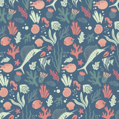 Морской мир. Паттерн с рыбами и кораллами