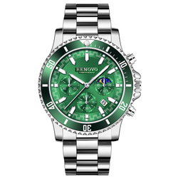RENOVO Green Water God Quartz Movement Stainless Steel Watchband Watch Men"s Watches Black Dial