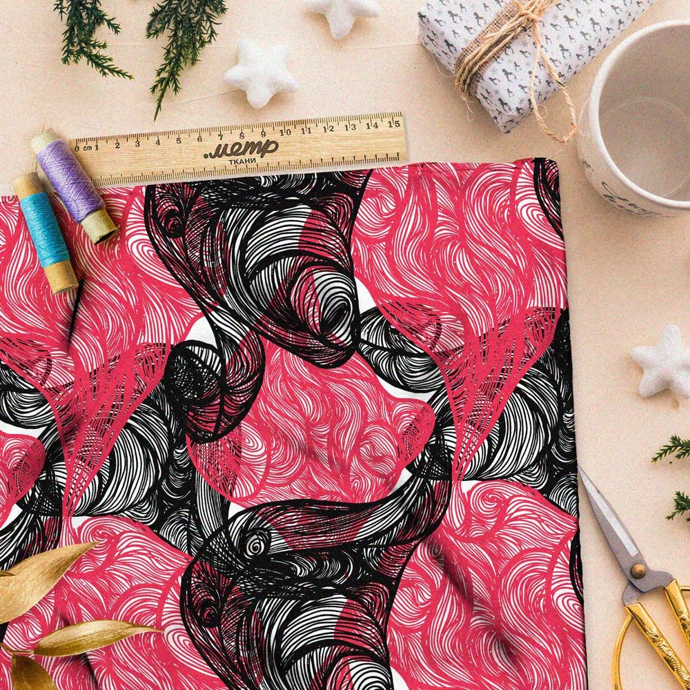 Ткань дюспо витиеватый чёрные и розовый дым