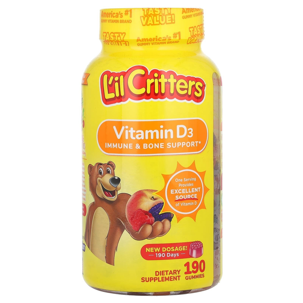 L'il Critters, витамин D3, со вкусом малины, персика и ежевики, 190 жевательных таблеток (25 мкг (1000 МЕ) в 1 жевательной таблетке)