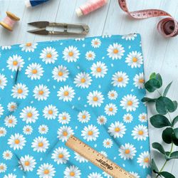 Ткань премиум таффета ромашки на голубом