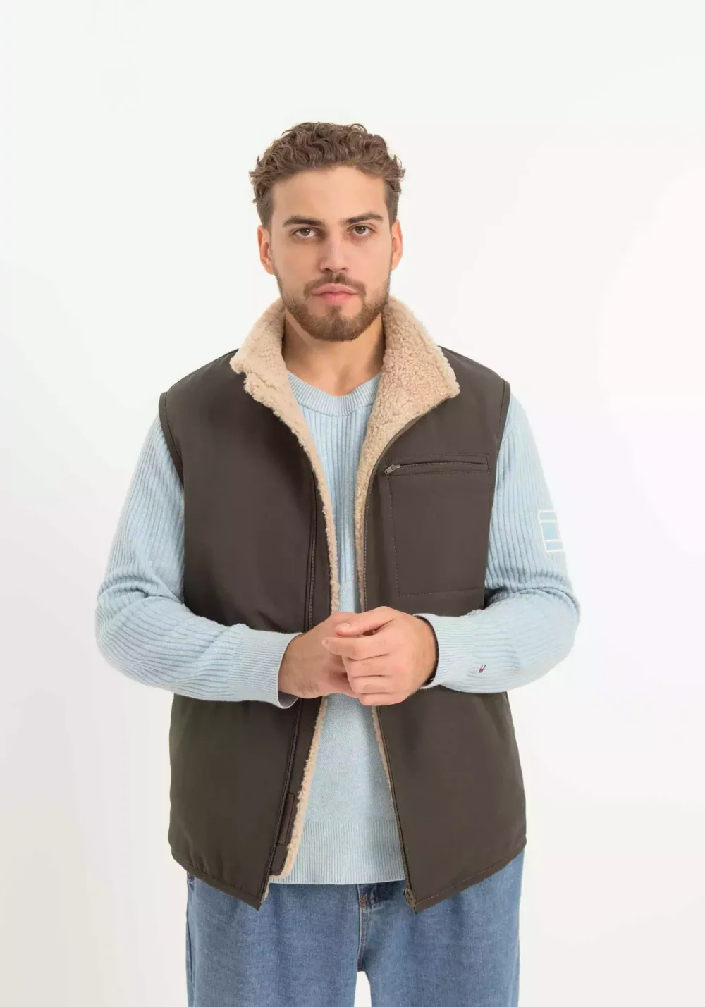 Мужской жилет из овчины хаки