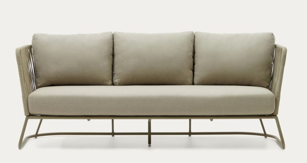 "Багамы" диван 3-местный плетеный из роупа, каркас алюминий бежево-серый (RAL7006) муар, роуп серо-коричневый 23мм, ткань светло-серая