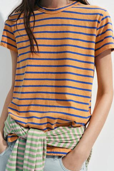 ZARA ФУТБОЛКА В ПОЛОСКУ ИЗ ХЛОПКА И ЛЬНА, ОРАНЖЕВЫЙ