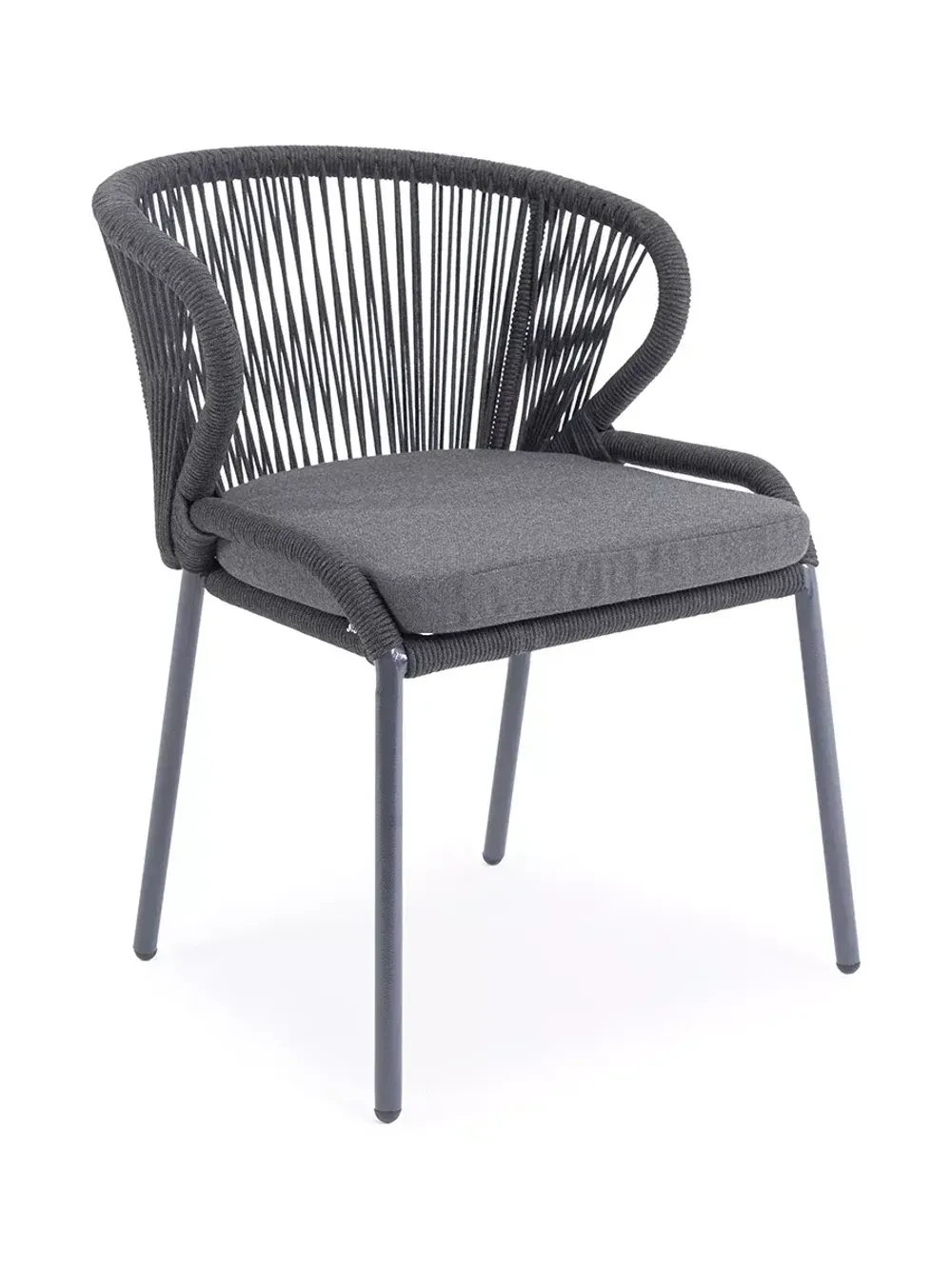 "Милан" стул плетеный из роупа, каркас алюминий темно-серый (RAL7024) муар, роуп темно-серый круглый, ткань темно-серая 027