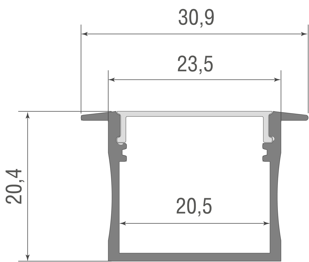 Встраиваемый алюминиевый анод. профиль,  30х20, 5х2000мм. В комплекте матовый экран,  4 торцевые заглушки,  4 крепежа,  алюминий