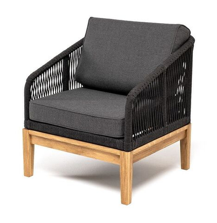 "Канны" кресло плетеное из роупа, основание дуб, роуп темно-серый круглый, ткань темно-серая 027