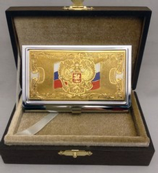 Сувенирная визитница металлическая персональная "Герб РФ с флагом триколор" с эмалью (Златоуст)