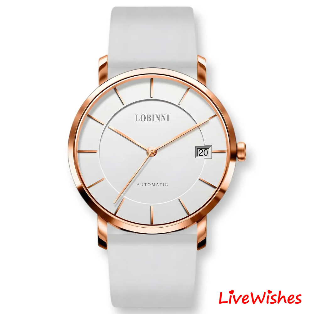 Часы наручные механические с автоподзаводом ПРЕМИУМ LOBINNI на кожаном ремешке, золотистый/белый W9690-02